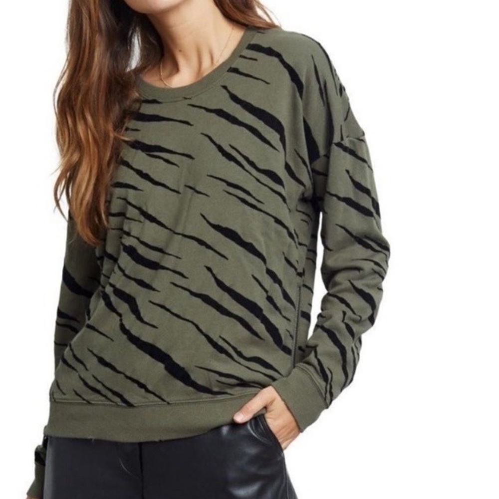 RAILS Marlo Olive Flocked Tiger Pullover Sweatshirt Zip Sides